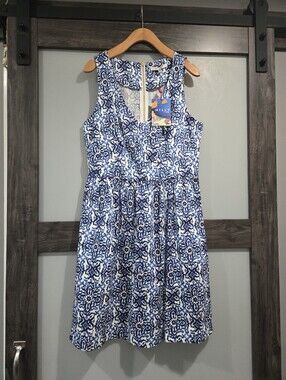 NWT Milly for Design Nation Blue White Tile Print Fit And Flare Dress 10